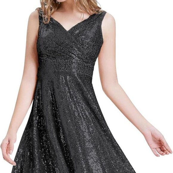 Grace Karin Sleeveless Wrap V-Neck A-line Black Sparkling Sequin Dress Size M - Picture 4 of 13